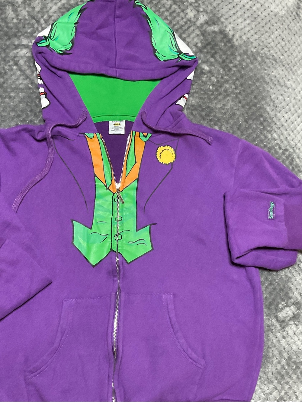 Six Flags Purple Joker-Themed Zip Hoodie with Green Accents